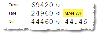 Ticket indicating a Manual Tare weight